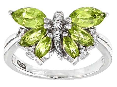 Green Peridot Rhodium Over Sterling Silver Butterfly Ring 1.73ctw