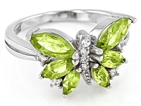 Green Peridot Rhodium Over Sterling Silver Butterfly Ring 1.73ctw