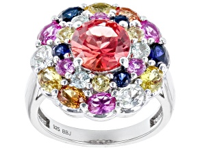 Multi-Color Lab Created Sapphire Rhodium Over Sterling Silver Flower Ring 4.65ctw