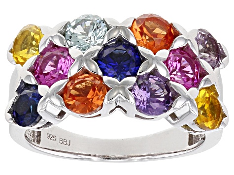 Multi Color Round Lab Created Sapphire Rhodium Over Sterling Silver Ring. 3.00ctw.