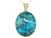 Blue Kingman Turquoise And Abalone Shell 18k Yellow Gold Over Silver Pendant With Chain 0.35ctw
