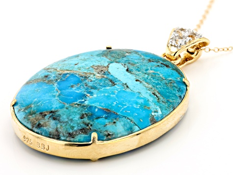 Blue Kingman Turquoise And Abalone Shell 18k Yellow Gold Over Silver Pendant With Chain 0.35ctw