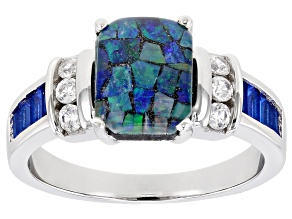 Blue Mosaic Opal Triplet Rhodium Over Sterling Silver Ring 0.66ctw