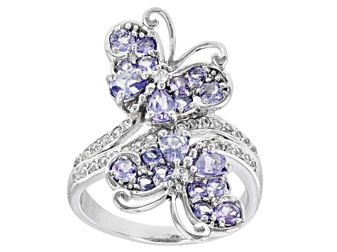 Blue Tanzanite Rhodium Over Sterling Silver Butterfly Ring 1.45ctw