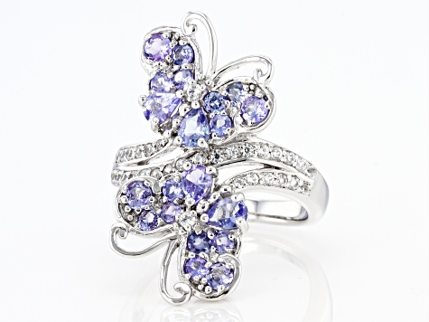 Blue Tanzanite Rhodium Over Sterling Silver Butterfly Ring 1.45ctw