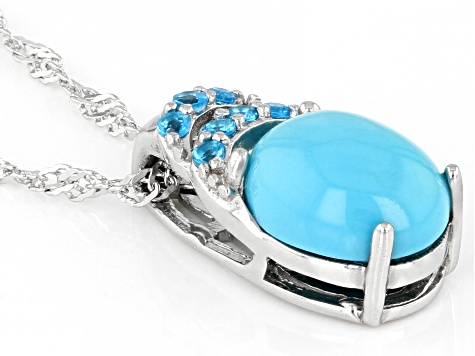 Blue Sleeping Beauty Turquoise Rhodium Over Sterling Silver Pendant With Chain .10ctw