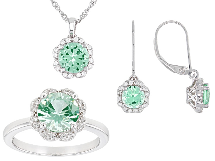Green Lab Created Spinel Rhodium Over Silver Jewelry Set 5.79ctw