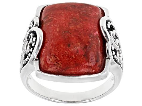 Red sponge coral sterling silver solitaire ring - JXH043 | JTV.com