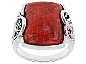 Red sponge coral rhodium over sterling silver solitaire ring