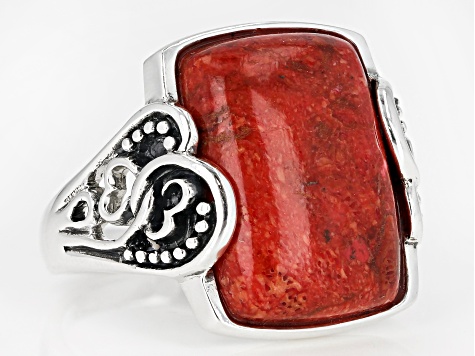 Red sponge coral sterling silver solitaire ring