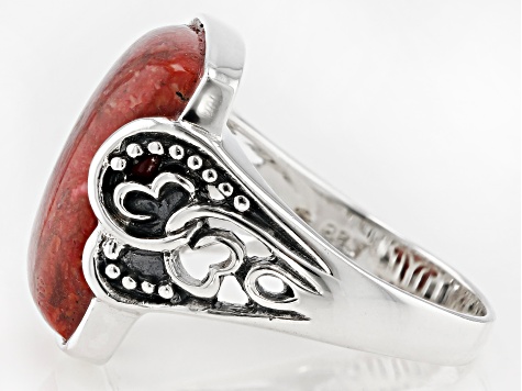 Red sponge coral sterling silver solitaire ring