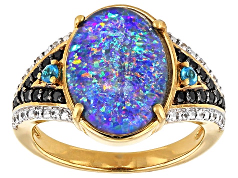 Multi-Color Australian Opal Triplet 18k Yellow Gold Over Silver Ring .30ctw