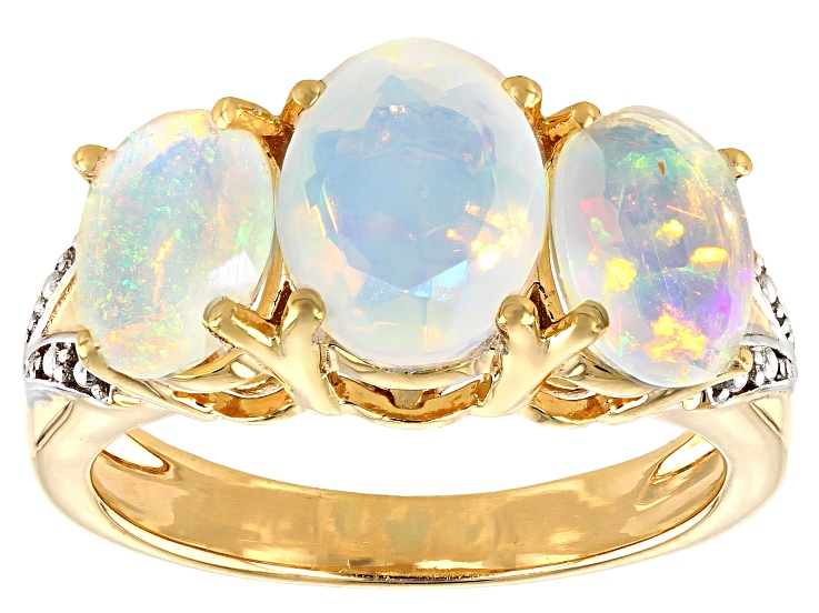 Multicolor Ethiopian opal 18k yellow gold over silver 3-stone ring 