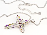 Multi-Gemstone Rhodium Over Silver Cross Pendant with Chain 5.45ctw