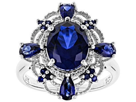 Blue Lab Created Sapphire Rhodium Over Silver Ring 3.67ctw