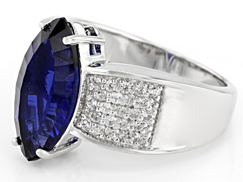 Lab created blue sapphire rhodium over silver ring 4.72ctw