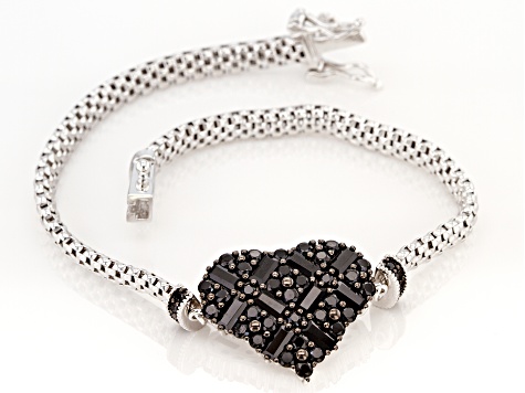Black spinel rhodium over sterling silver heart bracelet 2.06ctw