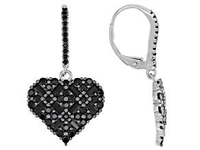 Round and Baguette Black Spinel Rhodium Over Sterling Silver Heart Earrings 2.80ctw