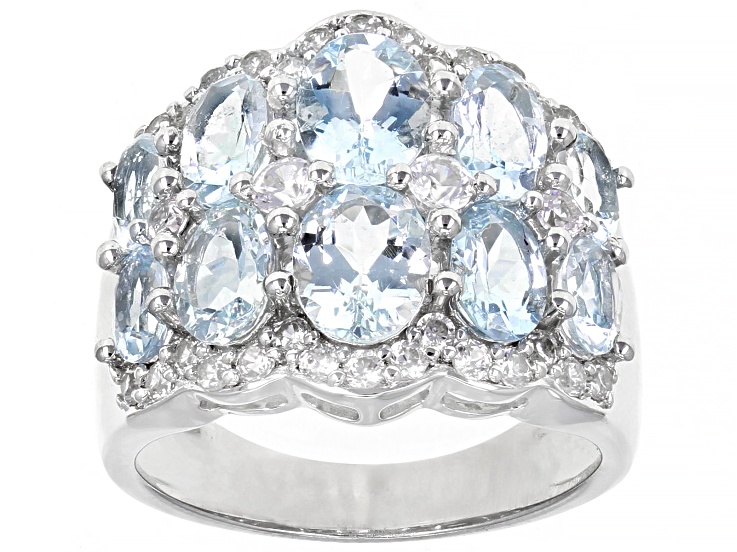 Blue Aquamarine Rhodium Over Silver Band Ring 4.03ctw