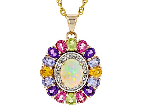 Multi-Color Opal 18k Yellow Gold Over Silver Pendant With Chain 3.72ctw