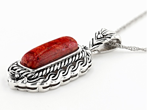 Red Coral Rhodium Over Sterling Silver Pendant With Chain