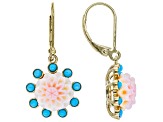 Pink Carved Conch Shell With Blue Sleeping Beauty Turquoise 18k Yellow Gold Over Silver Earrings