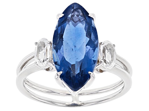 Blue Color Change Fluorite Rhodium Over Sterling Silver 3-Stone Ring 4.31ctw