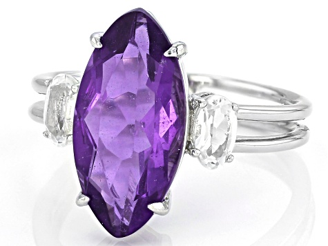 Blue Color Change Fluorite Rhodium Over Sterling Silver 3-Stone Ring 4.31ctw