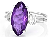 Blue Color Change Fluorite Rhodium Over Sterling Silver 3-Stone Ring 4.31ctw