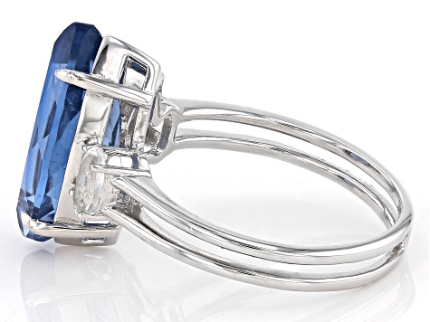 Blue Color Change Fluorite Rhodium Over Sterling Silver 3-Stone Ring 4.31ctw