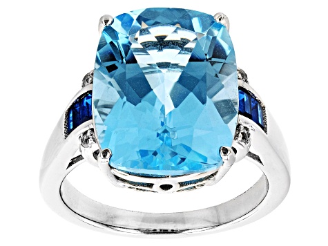 Sky Blue Topaz, Lab Blue Spinel & Lab White Sapphire Rhodium Over Sterling Silver Ring 10.75ctw