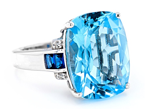 Sky Blue Topaz, Lab Blue Spinel & Lab White Sapphire Rhodium Over Sterling Silver Ring 10.75ctw