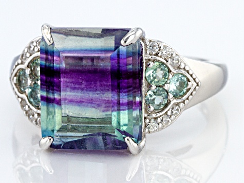 Bi-Color Fluorite Rhodium Over Sterling Silver Ring. 6.59ctw