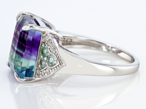 Bi-Color Fluorite Rhodium Over Sterling Silver Ring. 6.59ctw