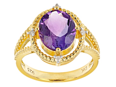 Oval African Amethyst With White Diamond Accent 18K Yellow Gold Over Silver Ring 3.01ctw
