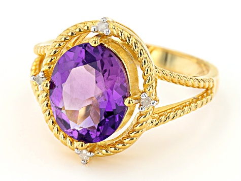 Oval African Amethyst With White Diamond Accent 18K Yellow Gold Over Silver Ring 3.01ctw