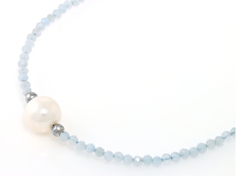 Blue Aquamarine Rhodium Over Sterling Silver Beaded Necklace