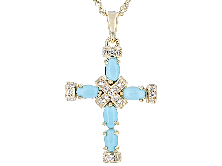 Blue Turquoise 18k Yellow Gold Over Sterling Silver Cross