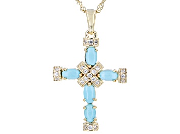 Picture of Blue Turquoise 18k Yellow Gold Over Sterling Silver Cross Pendant With Chain .18ctw