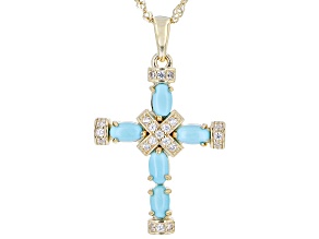 Blue Turquoise 18k Yellow Gold Over Sterling Silver Cross Pendant With Chain .18ctw