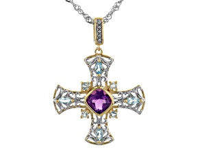 Purple African Amethyst 18k Yellow Gold & Rhodium Over Silver Two-Tone Cross Pendant/Chain 1.33ctw