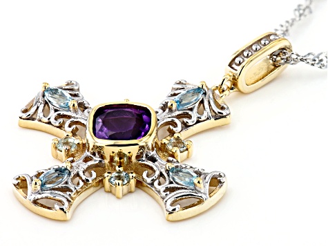 Purple African Amethyst 18k Yellow Gold & Rhodium Over Silver Two-Tone Cross Pendant/Chain 1.33ctw