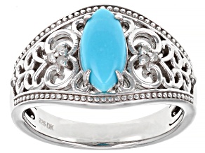 Blue Sleeping Beauty Turquoise Rhodium Over Sterling Silver Ring .03ctw