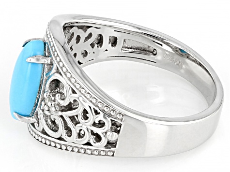 Blue Sleeping Beauty Turquoise Rhodium Over Sterling Silver Ring .03ctw