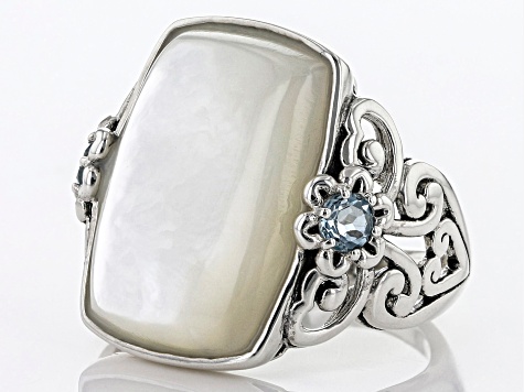 20x14mm Cushion Mother-Of-Pearl and Sky Blue Topaz Rhodium