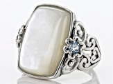 20x14mm Cushion Mother-Of-Pearl and Sky Blue Topaz Rhodium Over Sterling Silver Ring 0.34ctw