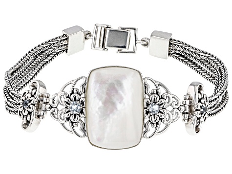 White Mother-Of-Pearl Rhodium Over Sterling Silver Bracelet 0.58ctw