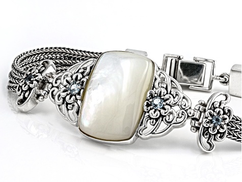 Sterling Silver Filigree, 9 Cross Bracelet with Mother of authentic Pearl