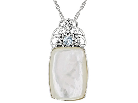 White Mother Of Pearl Rhodium Over Sterling Silver Pendant With Chain 0.17ct