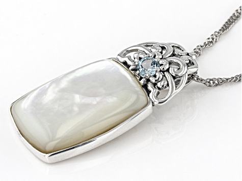White Mother Of Pearl Rhodium Over Sterling Silver Pendant With Chain 0.17ct